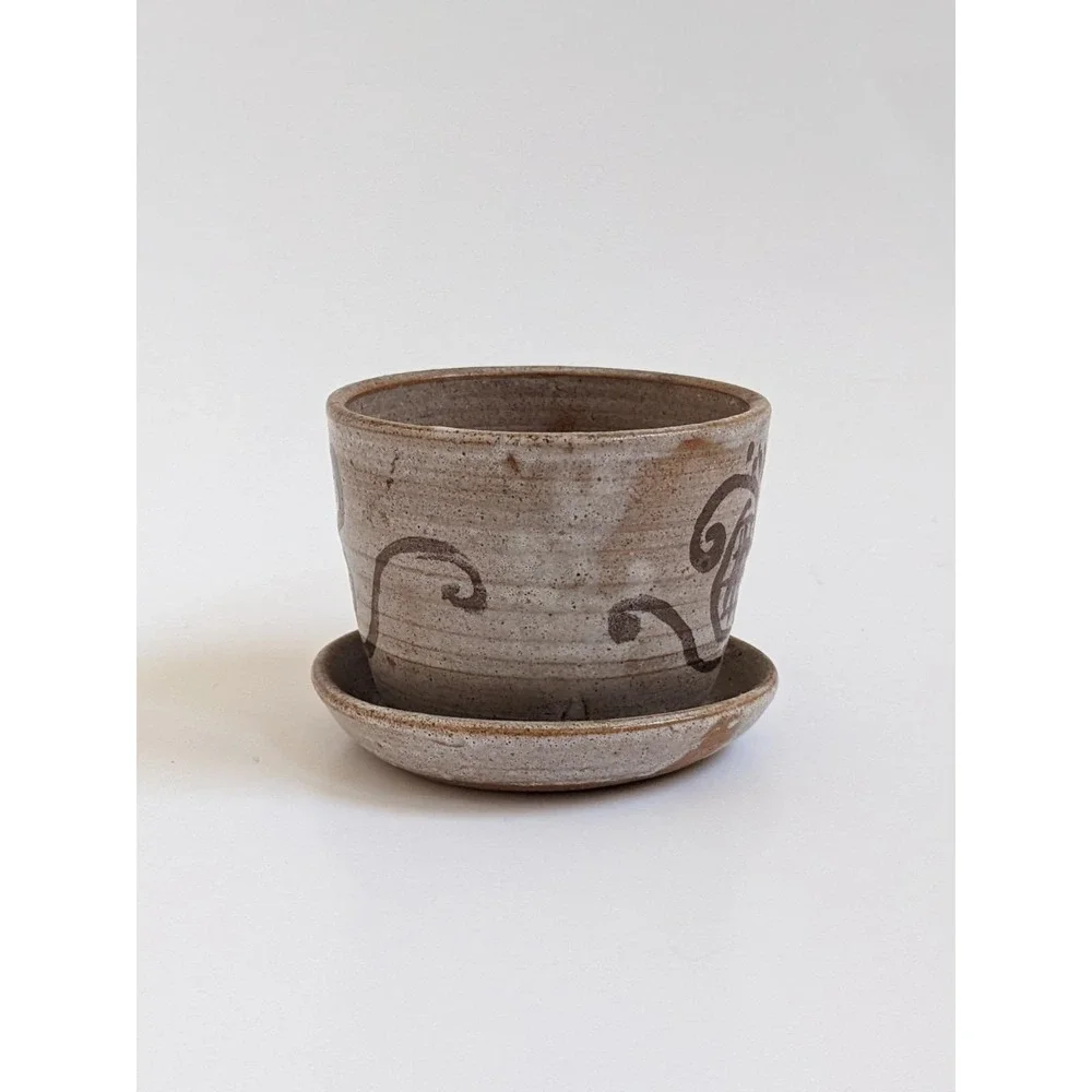 Vintage 1970s Studio Pottery Planter Saucer Small Butterfly Hand Painted Pot 3